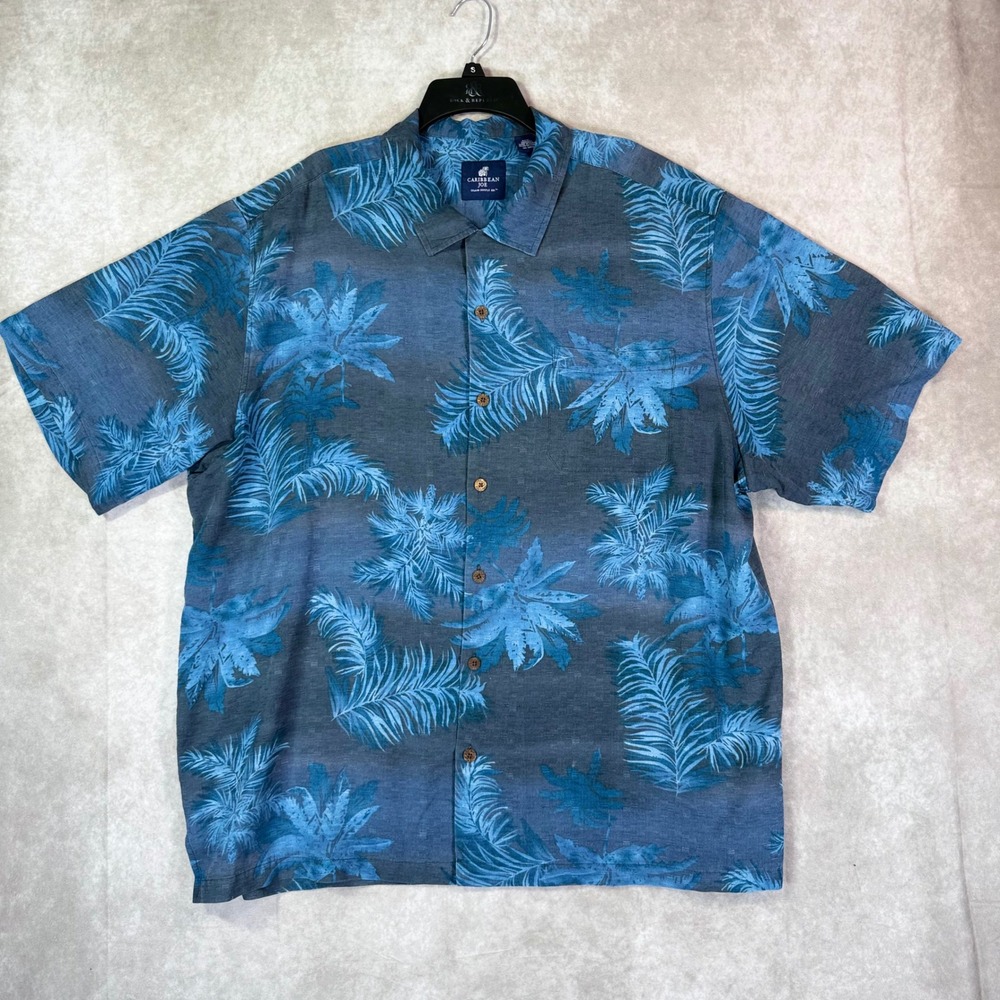 Caribbean Joe Shirt Mens XXXL Blue Gray Tropical Palm Leaf 100% Silk Button Down